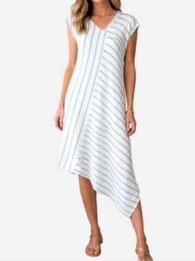 Linen Blend Tahari White Dress with green Stripes Asymmetrical Hem